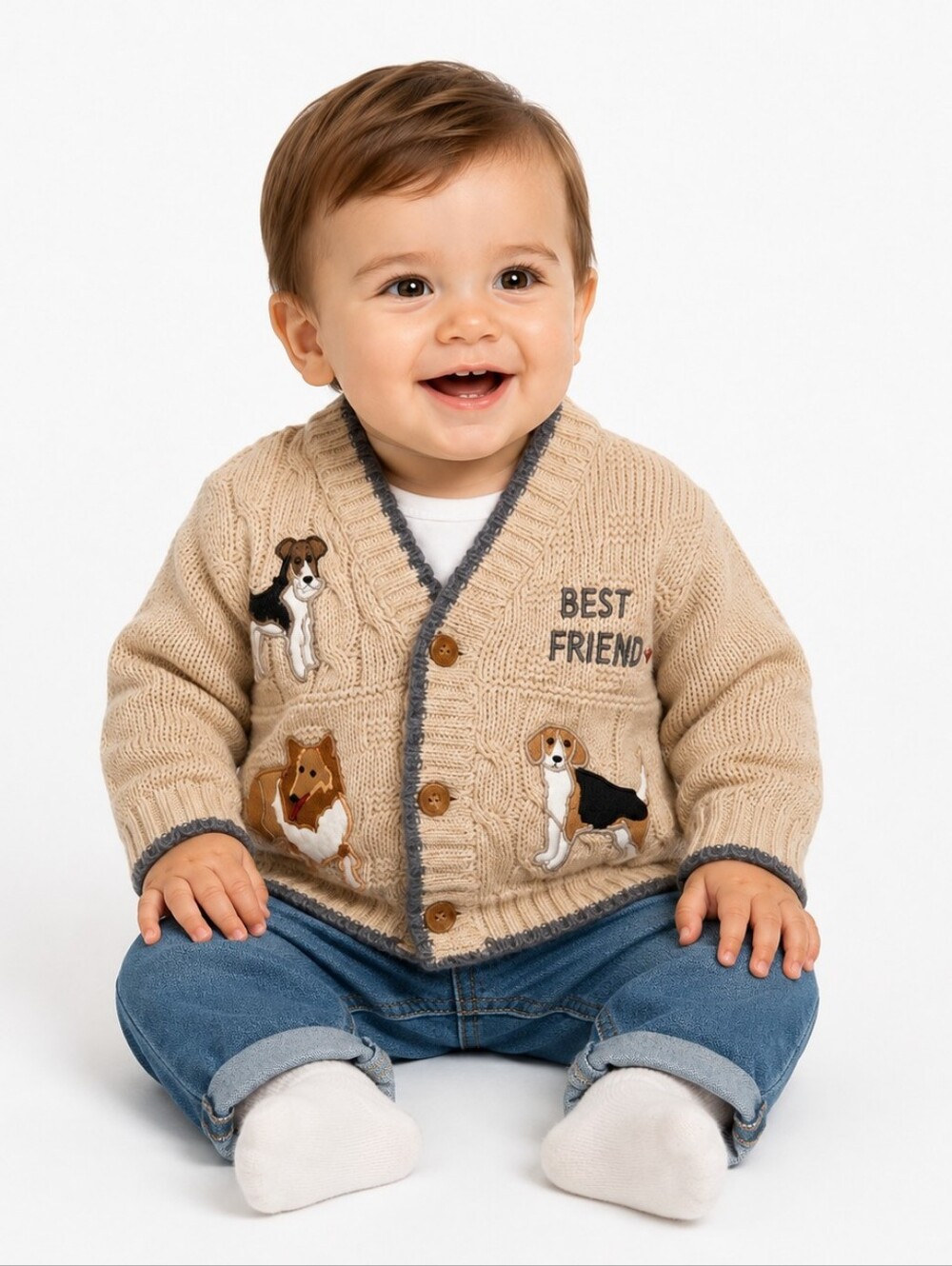 Vintage Dog Best Friend Sweater Cardigan Cable Knit Boys 12 Months Collie Beagle